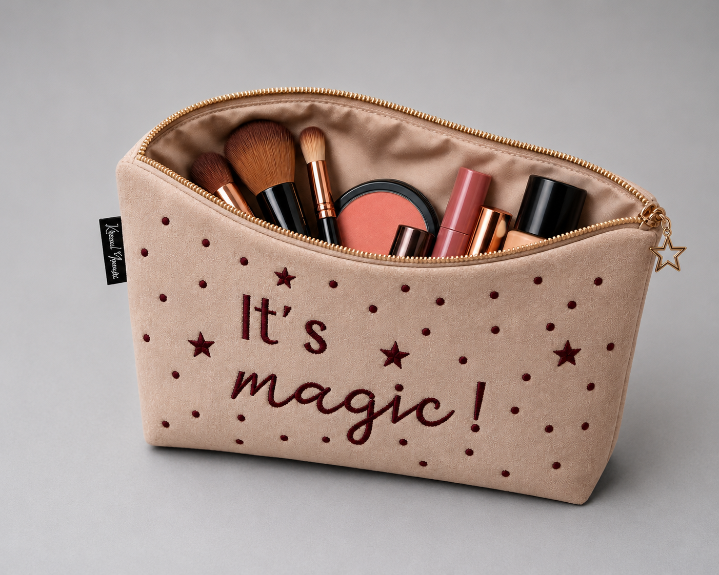 Beige Embroidered Handmade Makeup Pouch