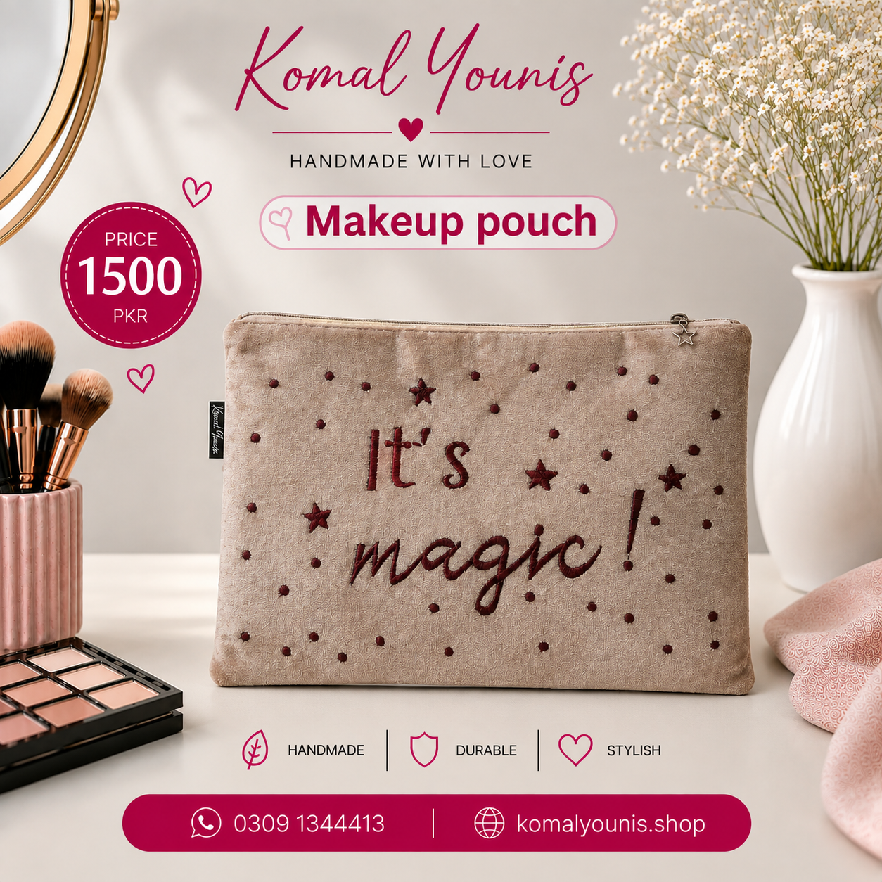 Beige Embroidered Handmade Makeup Pouch