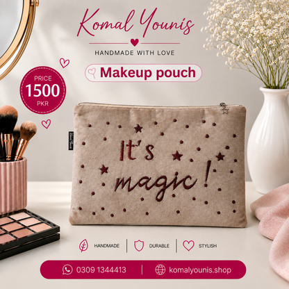 Beige Embroidered Handmade Makeup Pouch