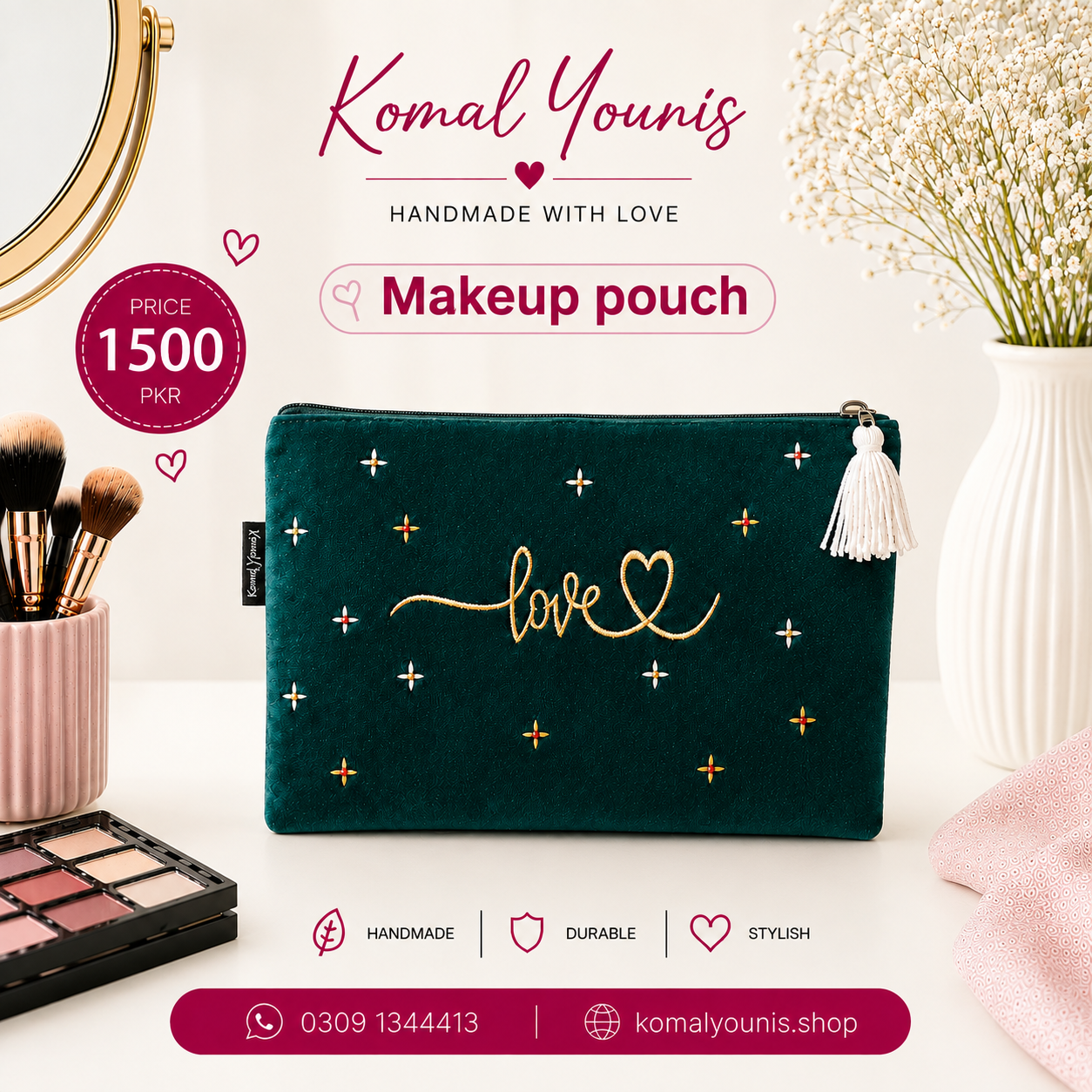 Dark Green Embroidered Makeup Pouch