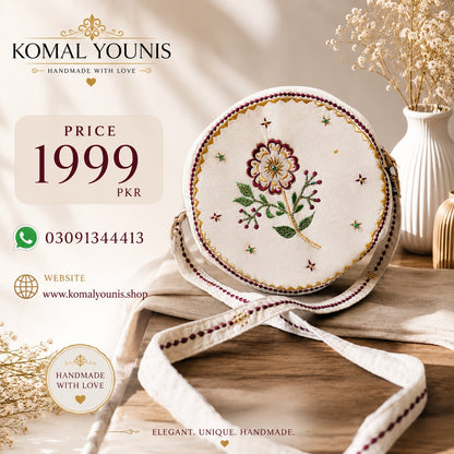 Handmade Round Embroidered Cross Body Bag for Women | Fabric Crossbody Bag