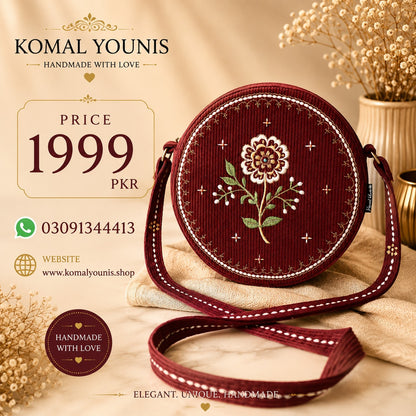Handmade Round Embroidered Cross Body Bag for Women | Fabric Crossbody Bag