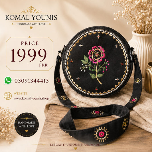 Handmade Round Embroidered Cross Body Bag for Women | Fabric Crossbody Bag