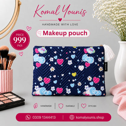 Quilted Heart & Flower Print Makeup Pouch
