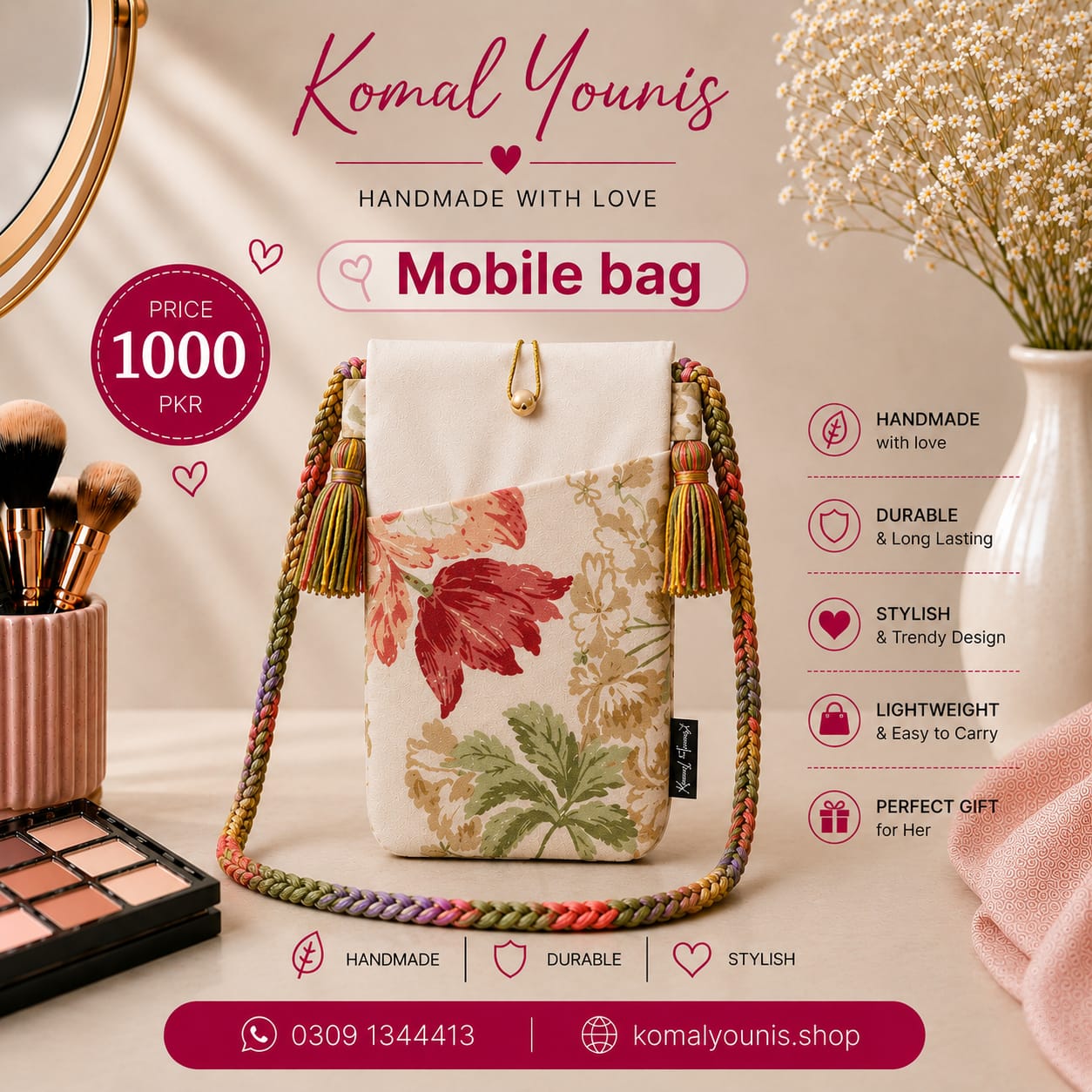 Floral Handmade Mobile Bag with Braided Strap
