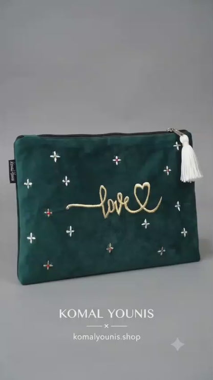 Dark Green Embroidered Makeup Pouch