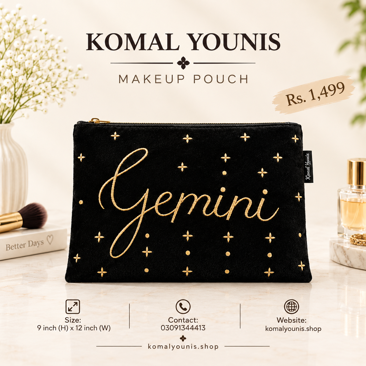 Gemini zodiac makeup pouch in black velvet with gold embroidery
