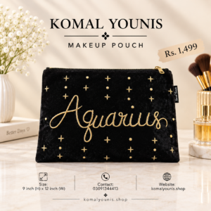Aquarius zodiac makeup pouch in black velvet with gold embroidery