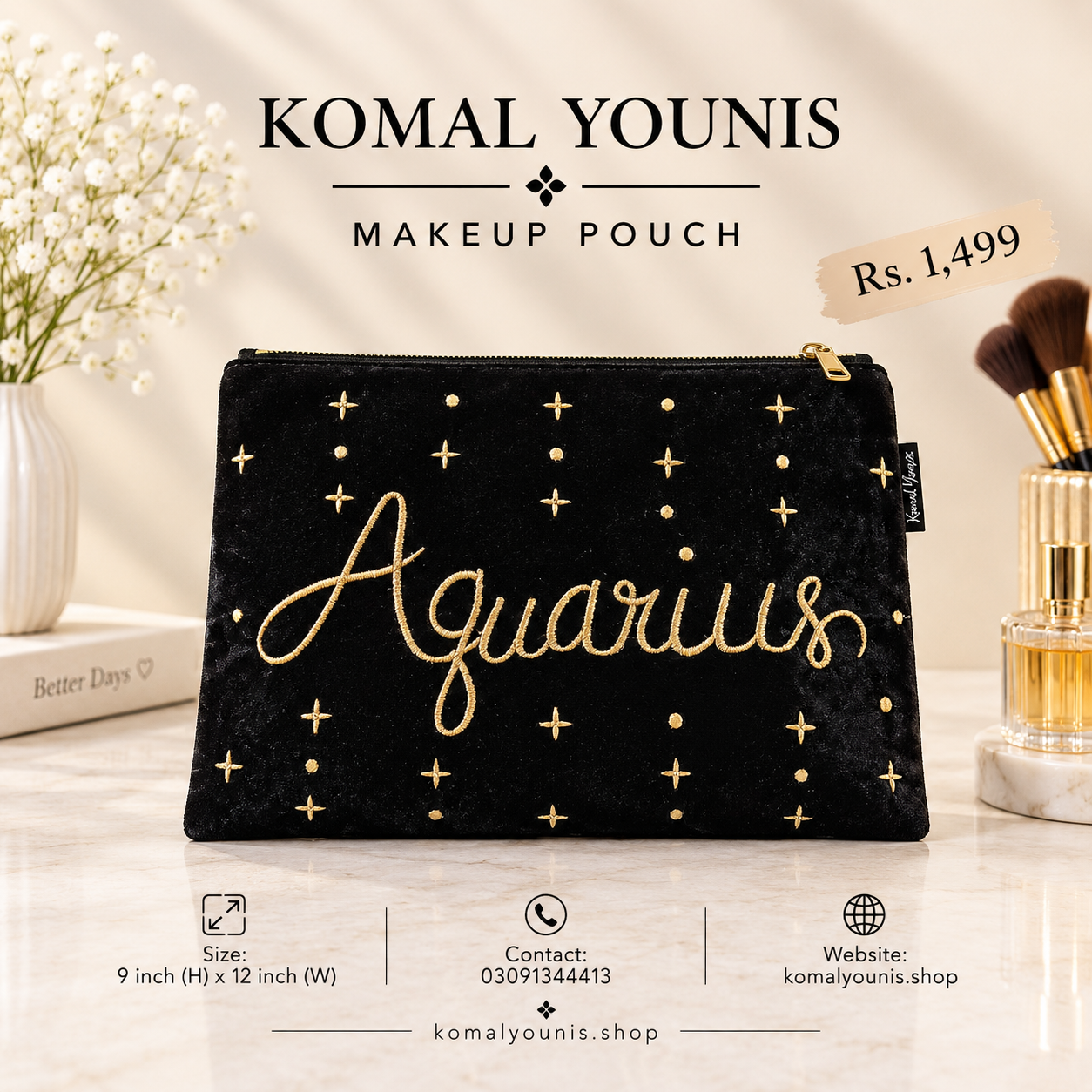 Aquarius zodiac makeup pouch in black velvet with gold embroidery