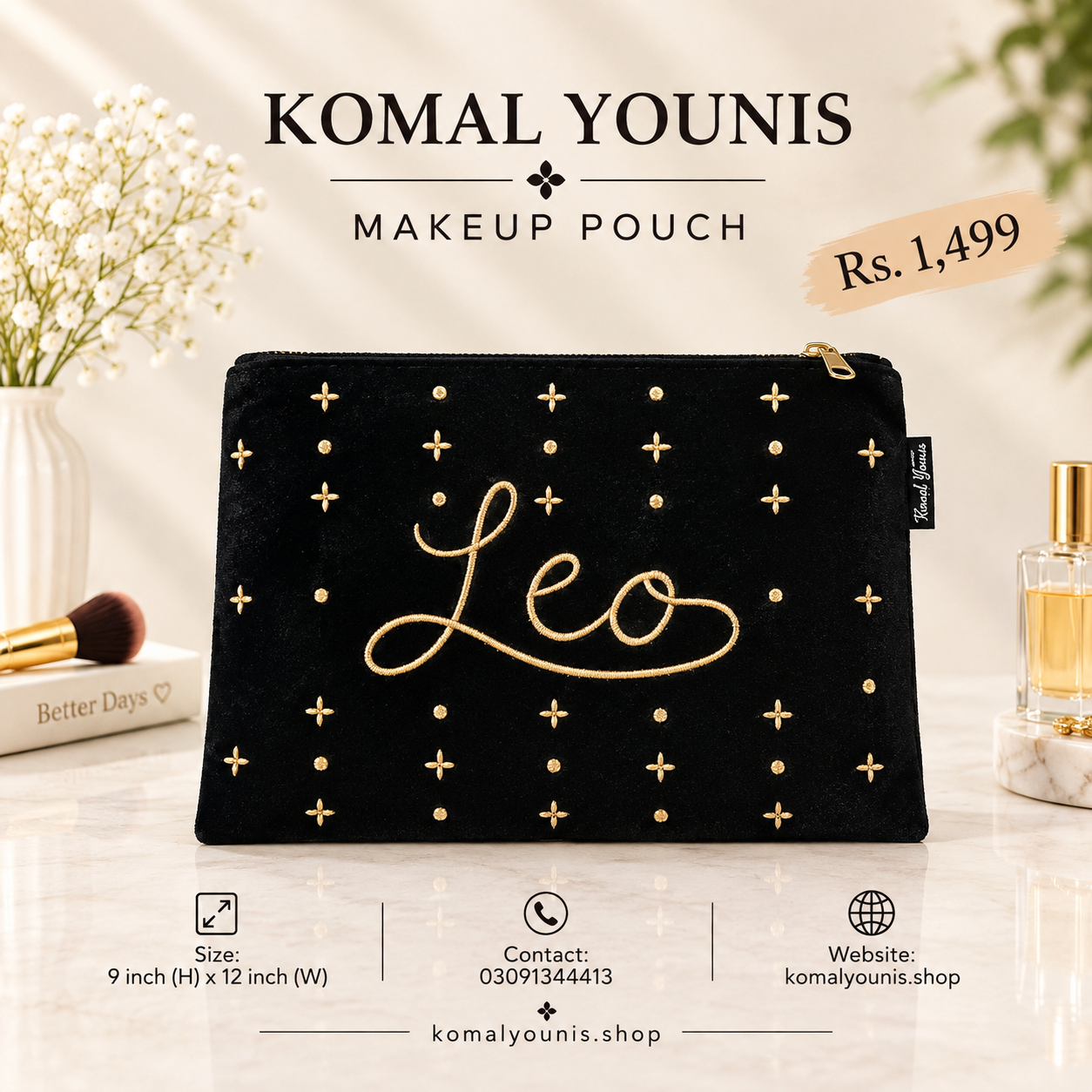 Leo zodiac makeup pouch in black velvet with gold embroidery
