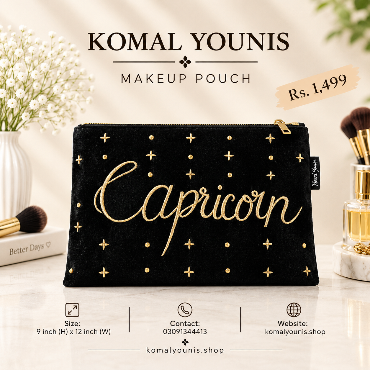 Capricorn zodiac makeup pouch in black velvet with gold embroidery