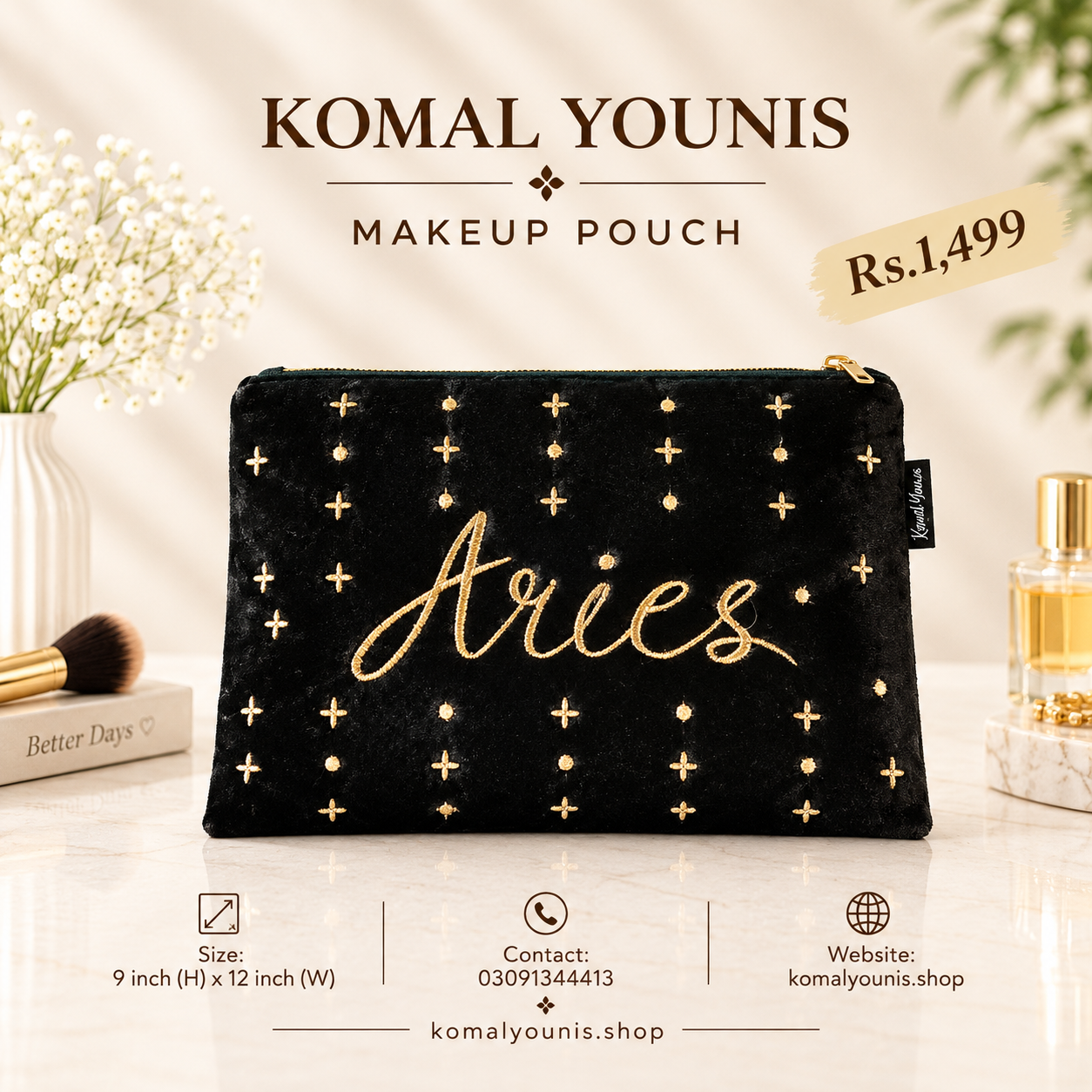 Aries makeup pouch in black velvet with gold embroidery