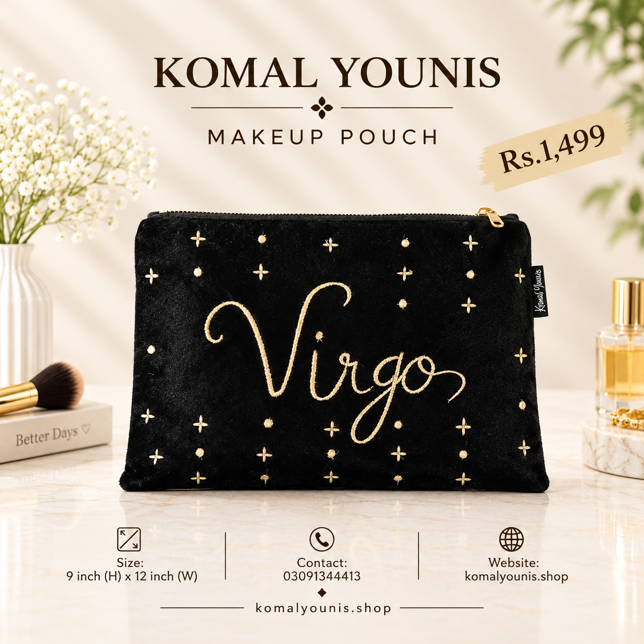 Virgo zodiac makeup pouch in black velvet with gold embroidery