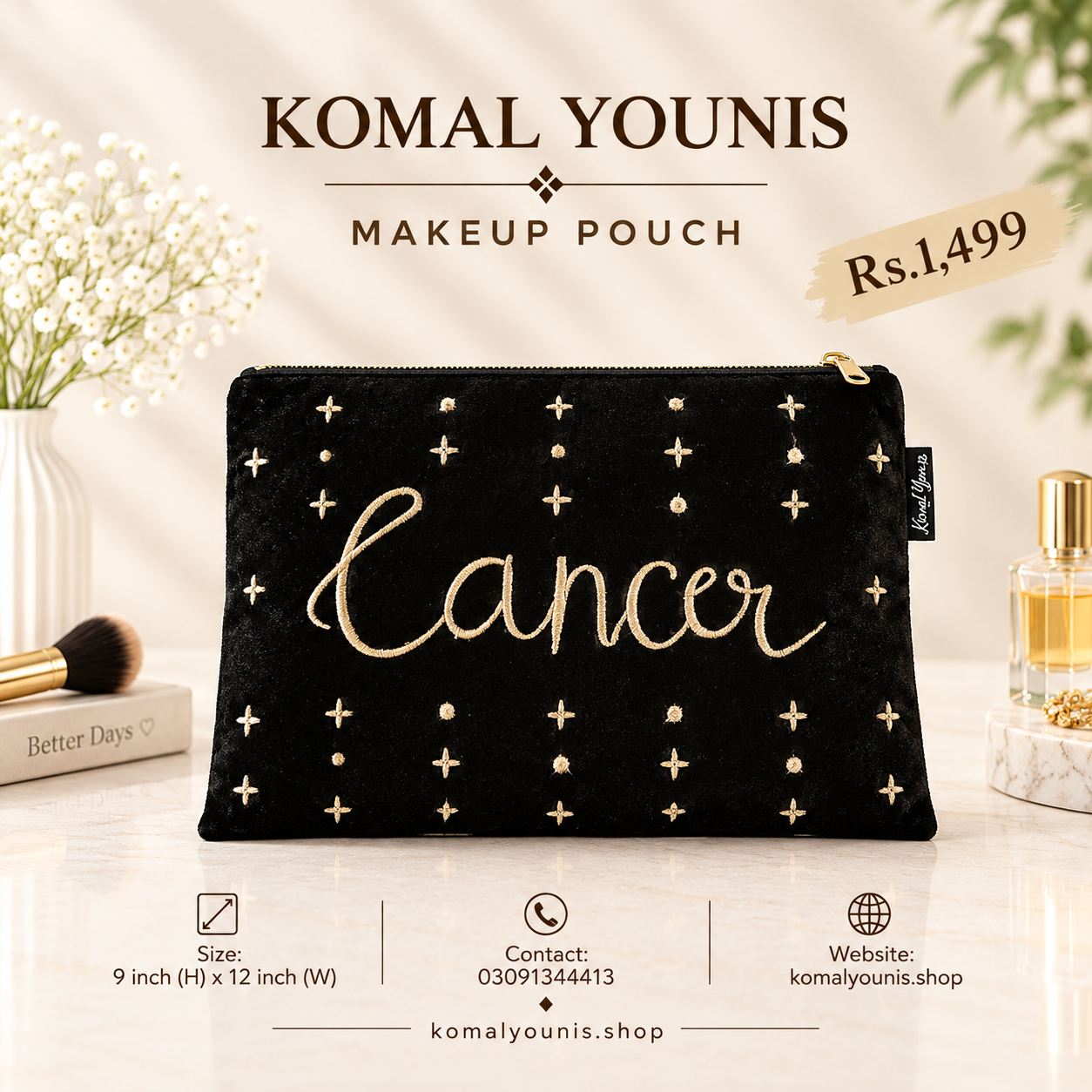 Cancer zodiac makeup pouch in black velvet with gold embroidery