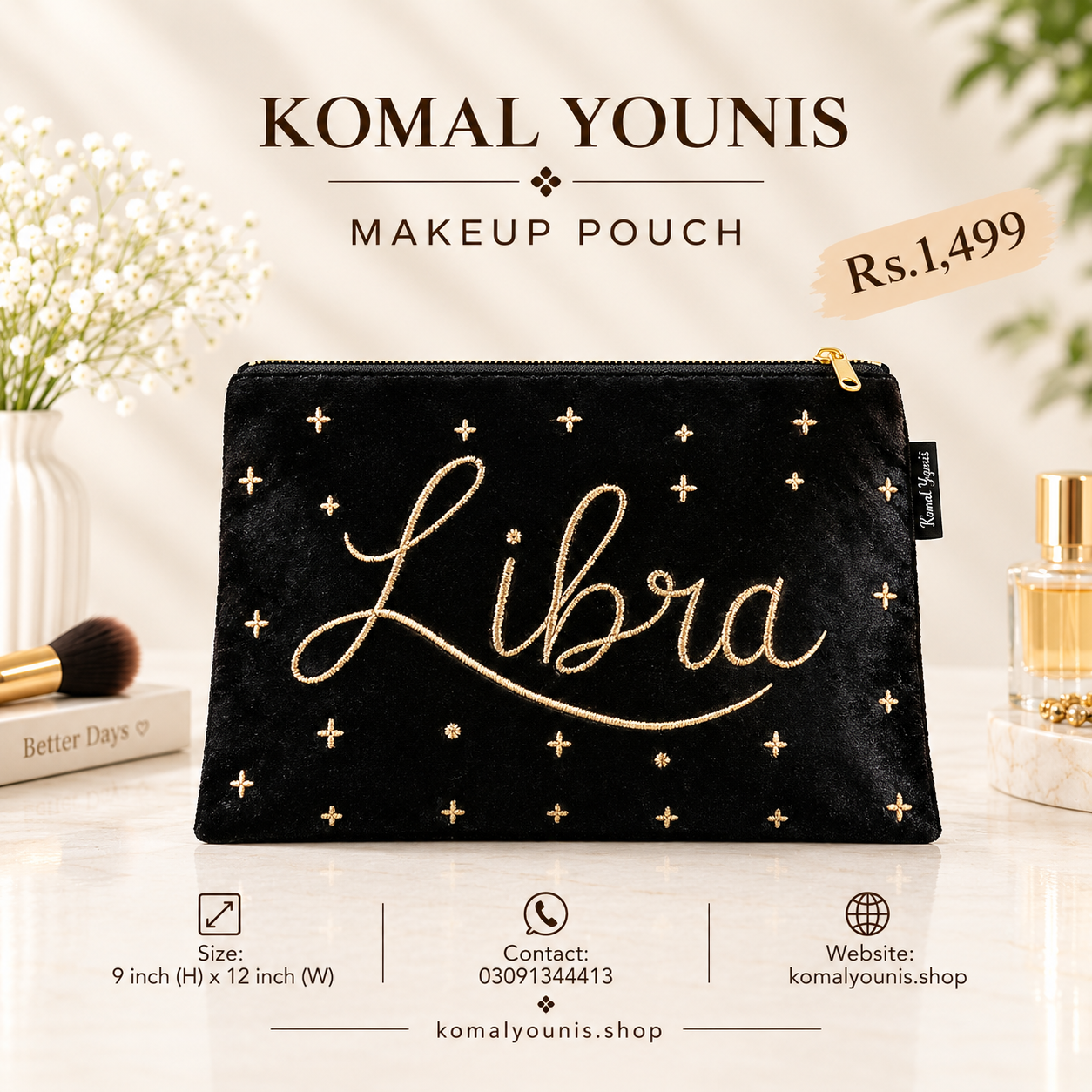 Libra zodiac makeup pouch in black velvet with gold embroidery