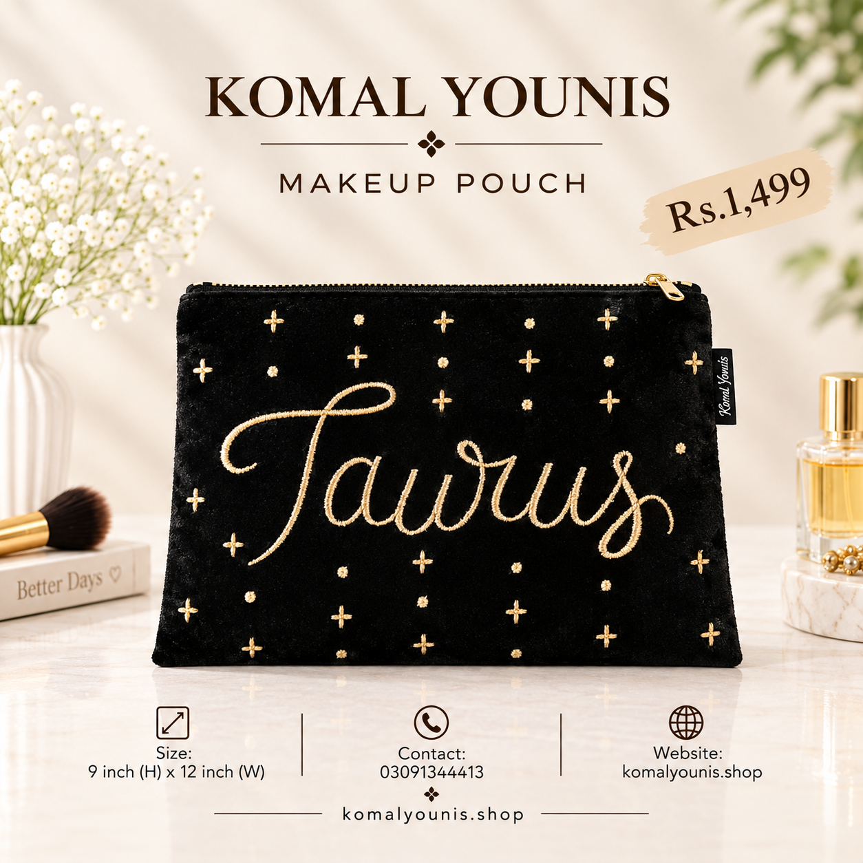 Taurus zodiac makeup pouch in black velvet with gold embroidery