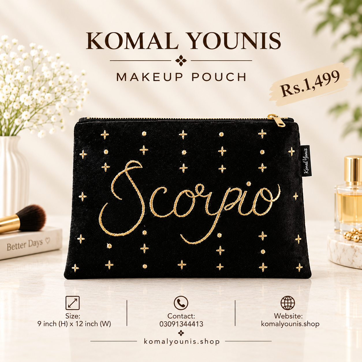 Scorpio zodiac makeup pouch in black velvet with gold embroidery