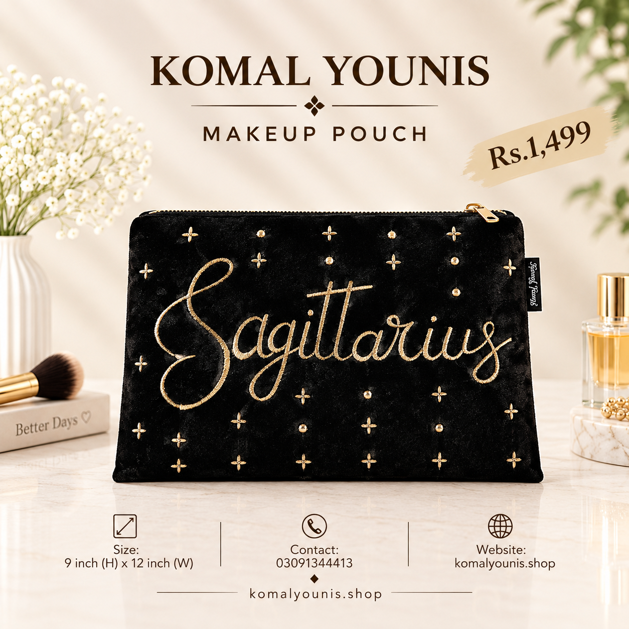 Saggitarius zodiac makeup pouch in black velvet with gold embroidery