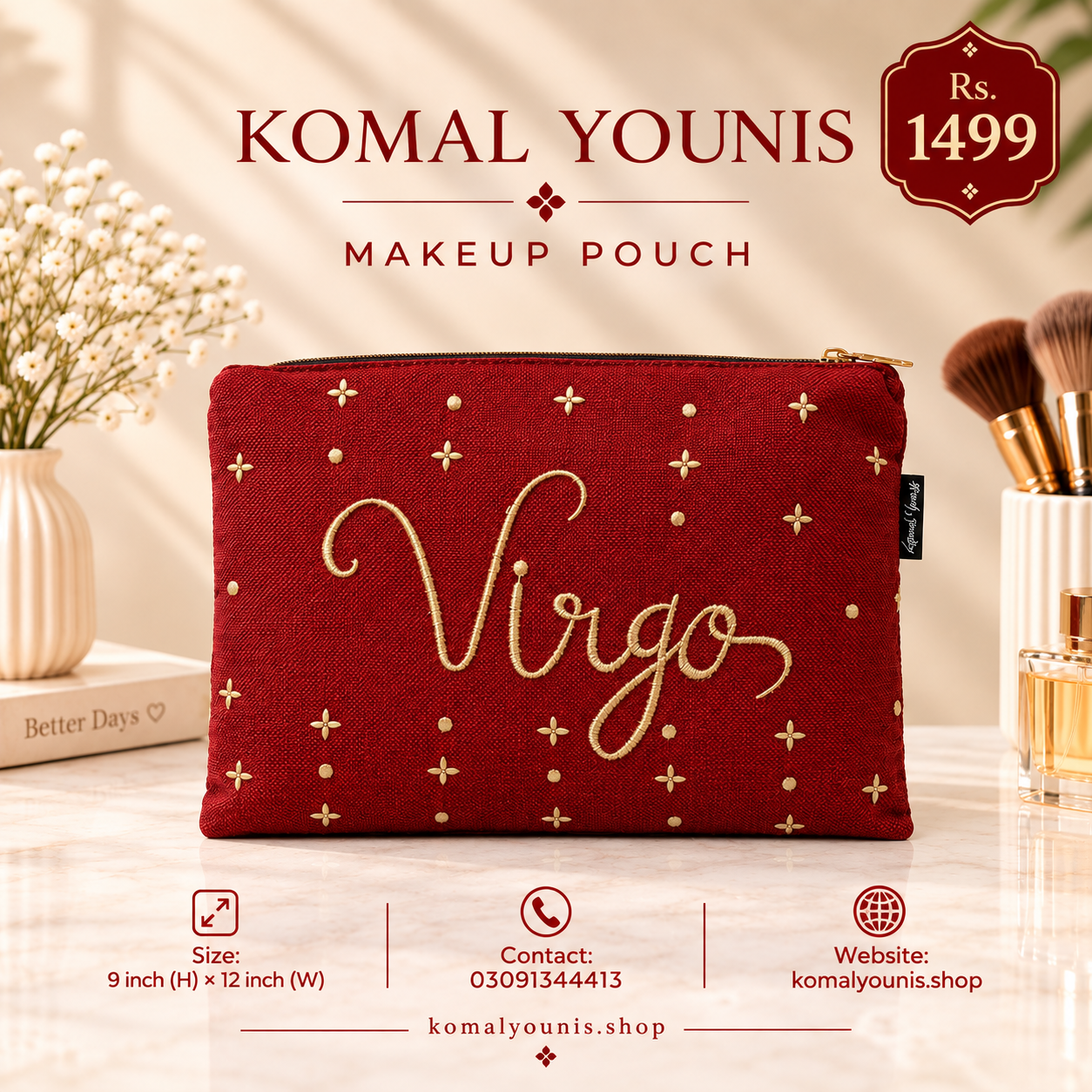 Virgo-zodiac-makeup-pouch-in-red-jute-with-gold-embroidery